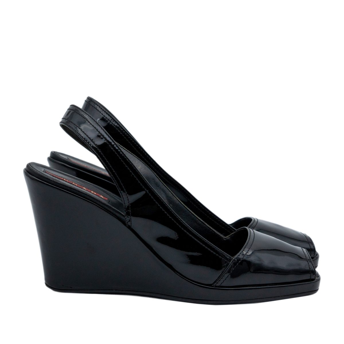 Prada Black Patent Leather Peep Toe Slingback Wedge Heels — photo 3