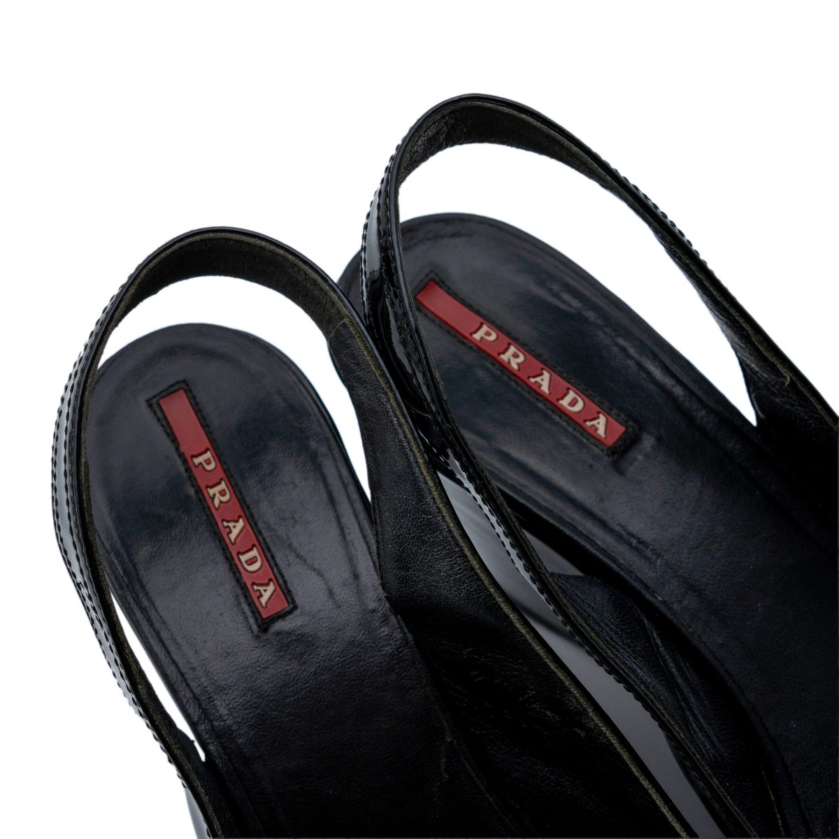 Prada Black Patent Leather Peep Toe Slingback Wedge Heels — photo 8