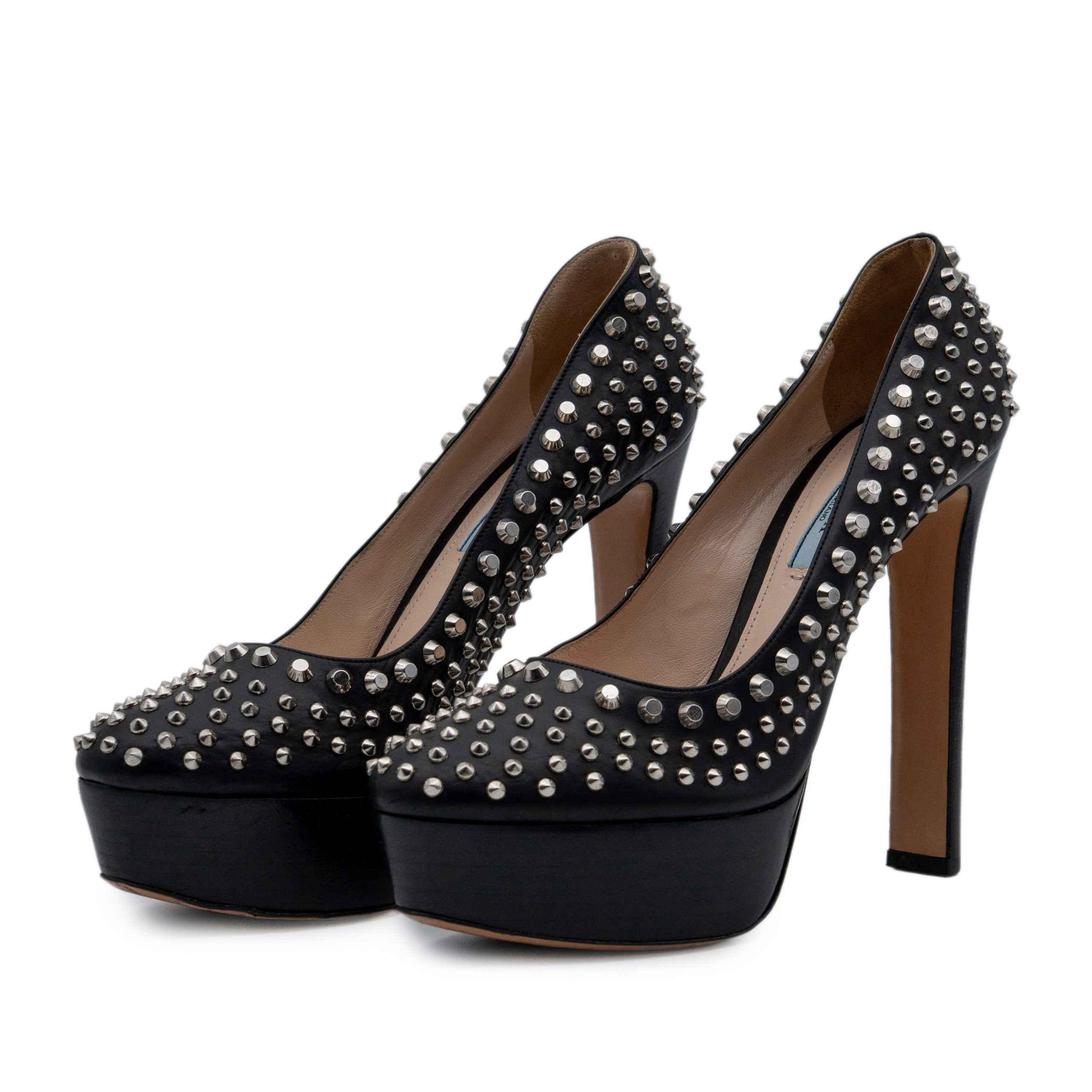 Prada Black Leather Studded Platform Stiletto Pumps Heels