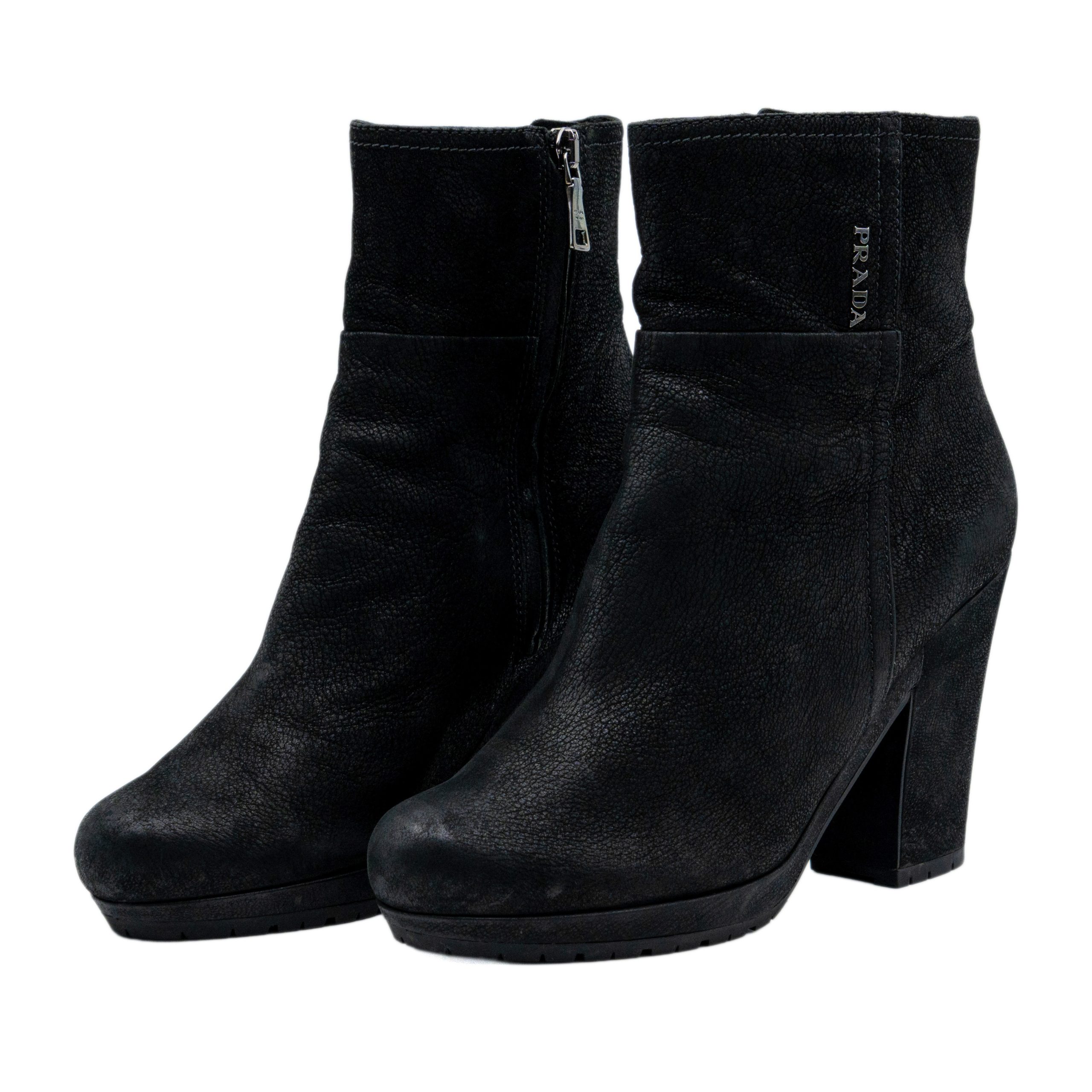 Vintage Prada Black Textured Leather Platform Heels Boots