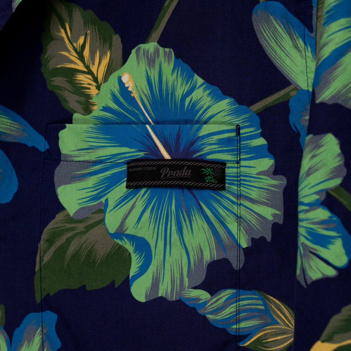 Prada Navy Hawaiian Hibiscus Print Logo Camp Collar Shirt — photo 6