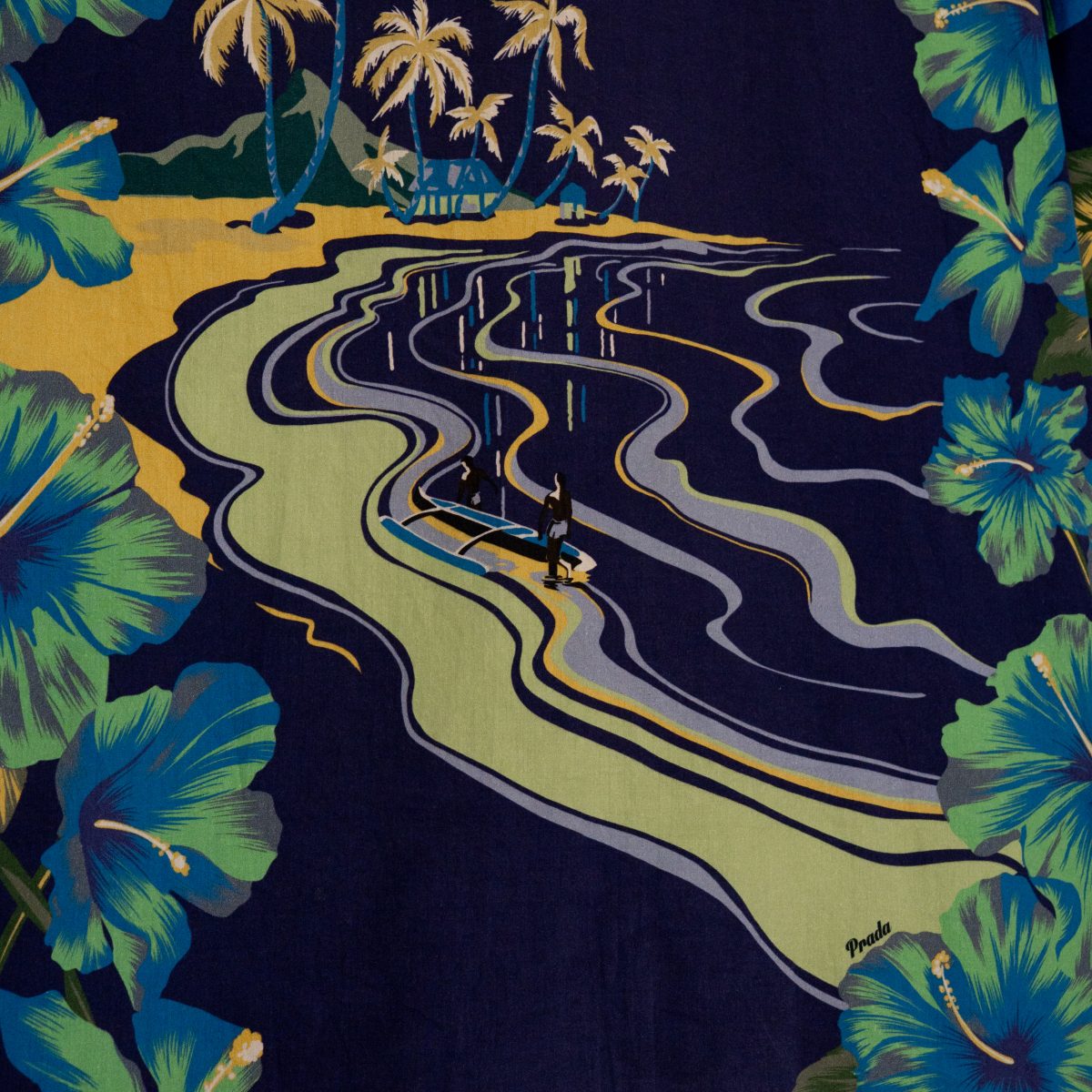 Prada Navy Hawaiian Hibiscus Print Logo Camp Collar Shirt — photo 10