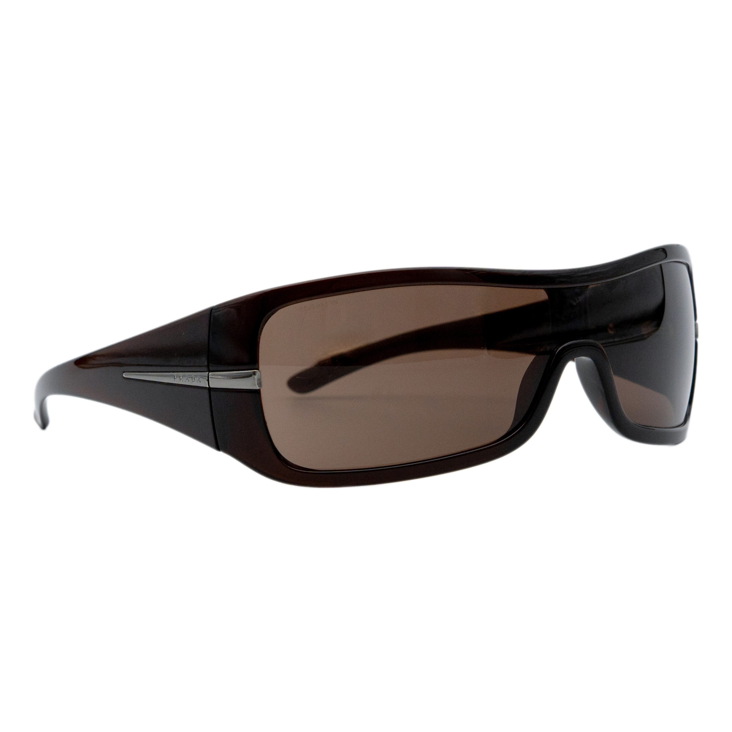 Prada SPR 02H Brown Shield Mask Metal Logo Wrap Sunglasses