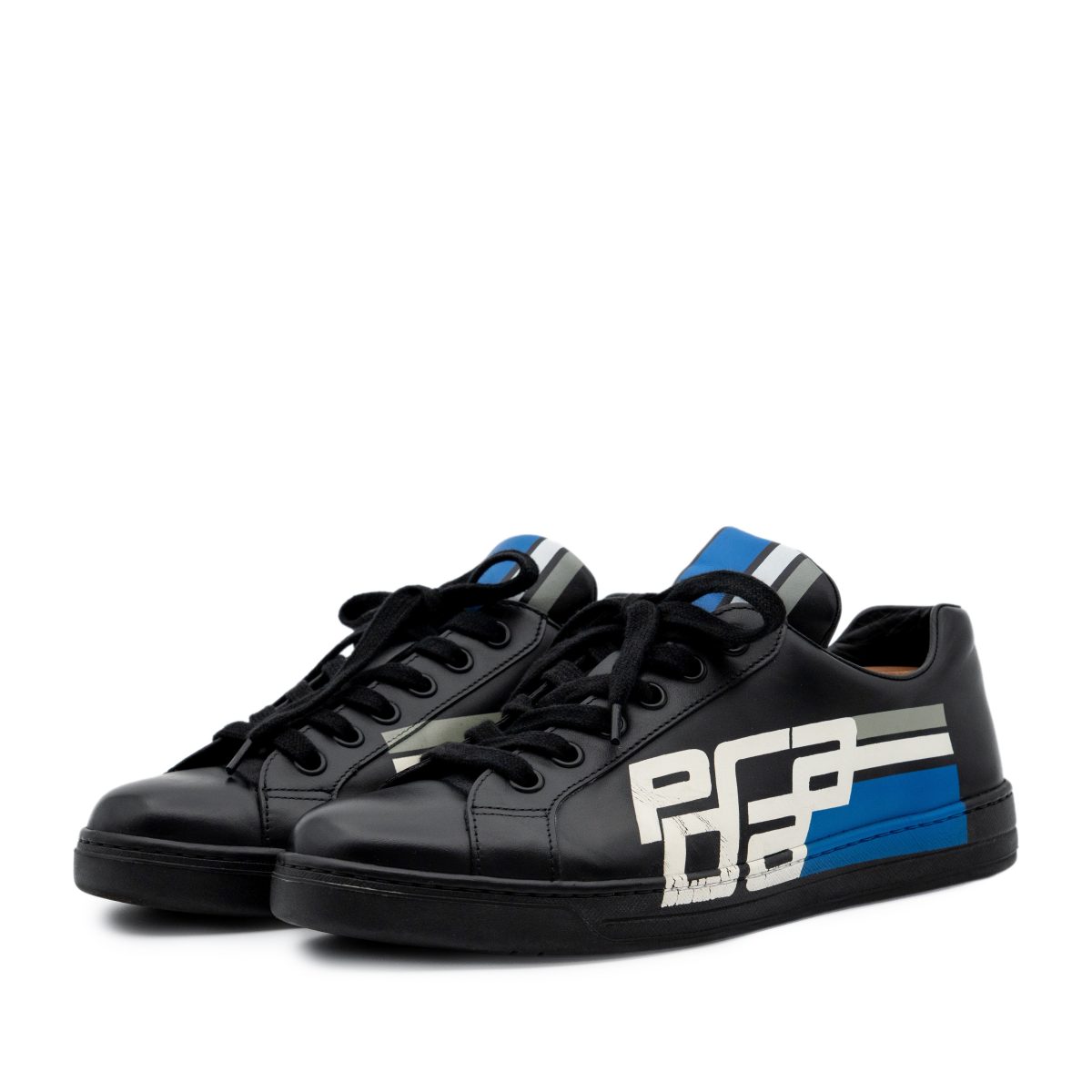 Prada Mens Black Smooth Leather Racing Logo Sneaker Shoes