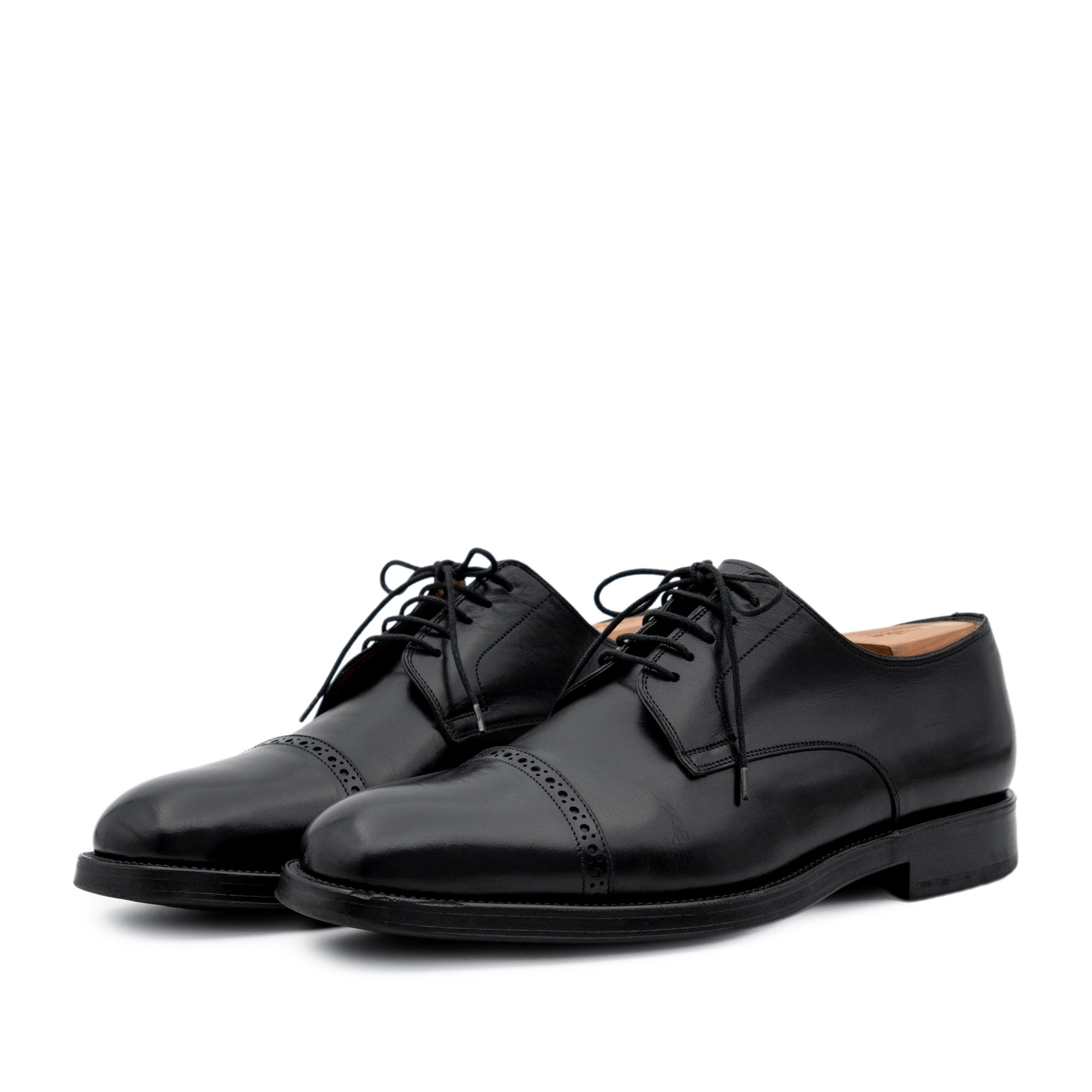 Santoni Mens Black Leather Brogue Cap Toe Derby Dress Shoes
