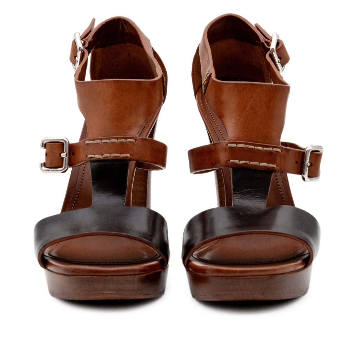 Prada Milano Brown Leather Gold Logo Platform Heels Sandals — photo 2
