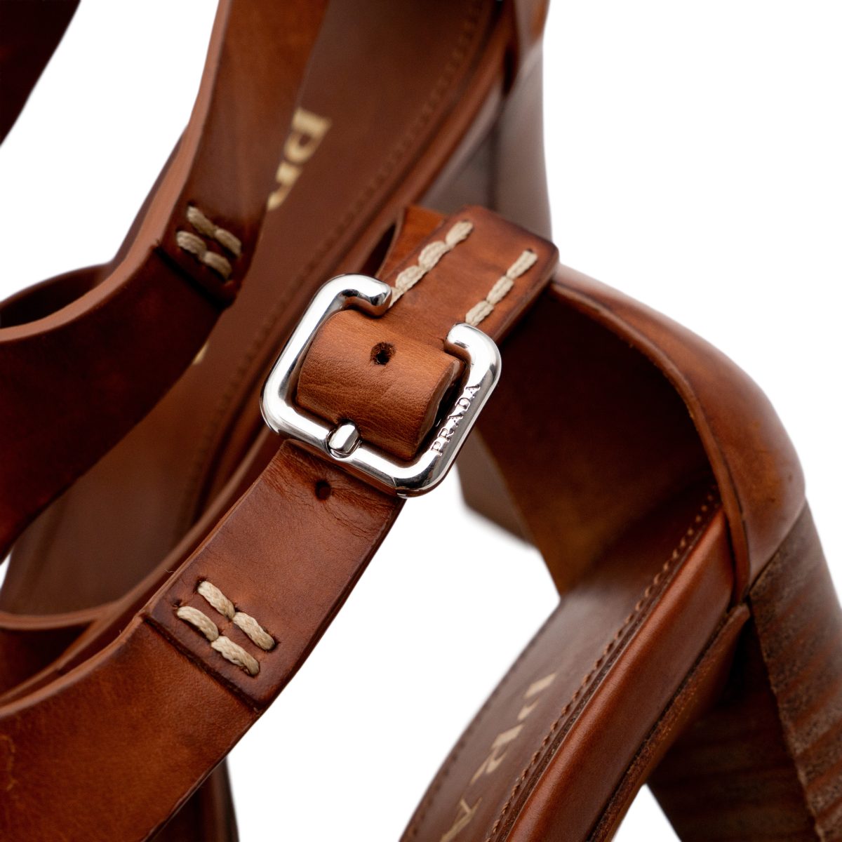 Prada Milano Brown Leather Gold Logo Platform Heels Sandals — photo 6