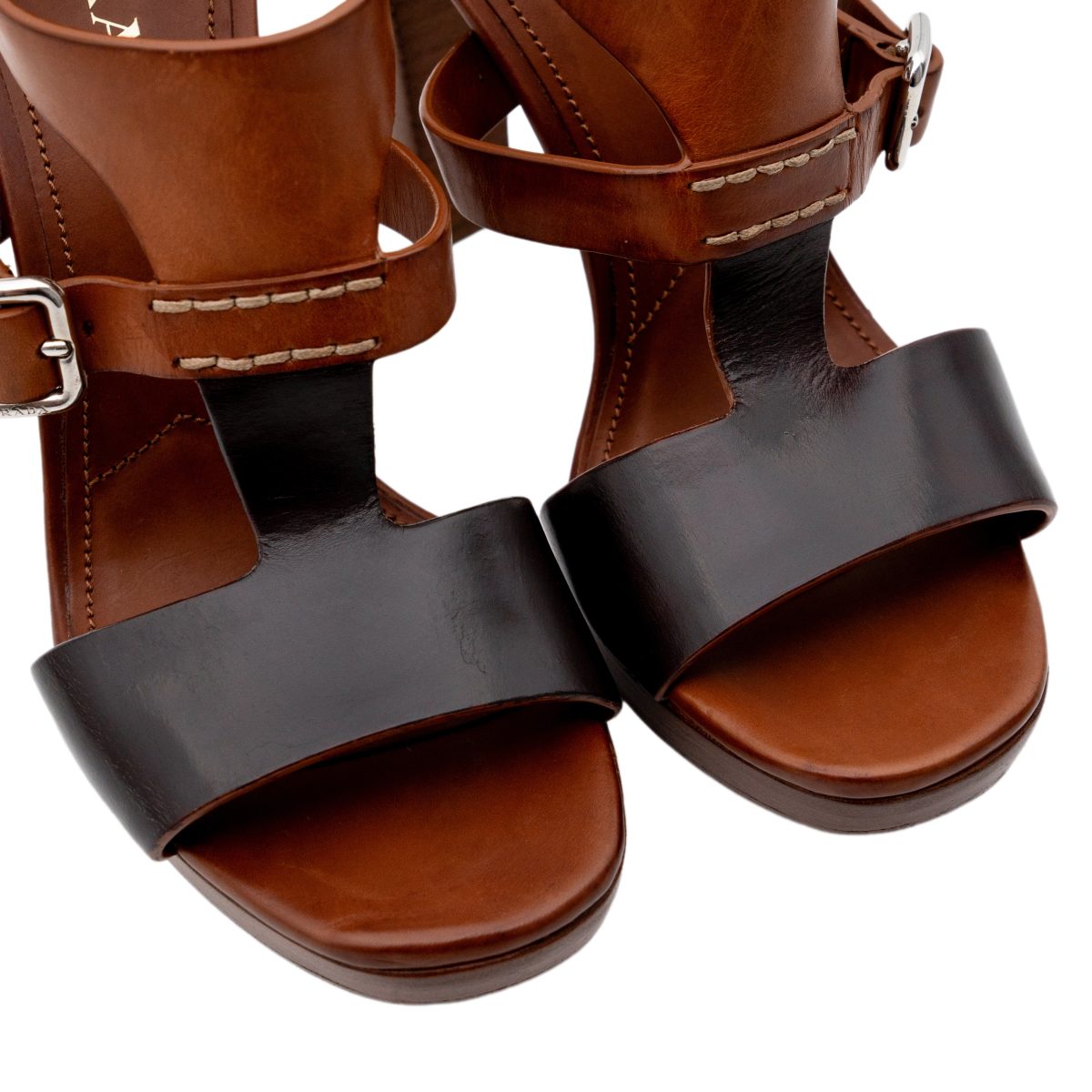 Prada Milano Brown Leather Gold Logo Platform Heels Sandals — photo 7