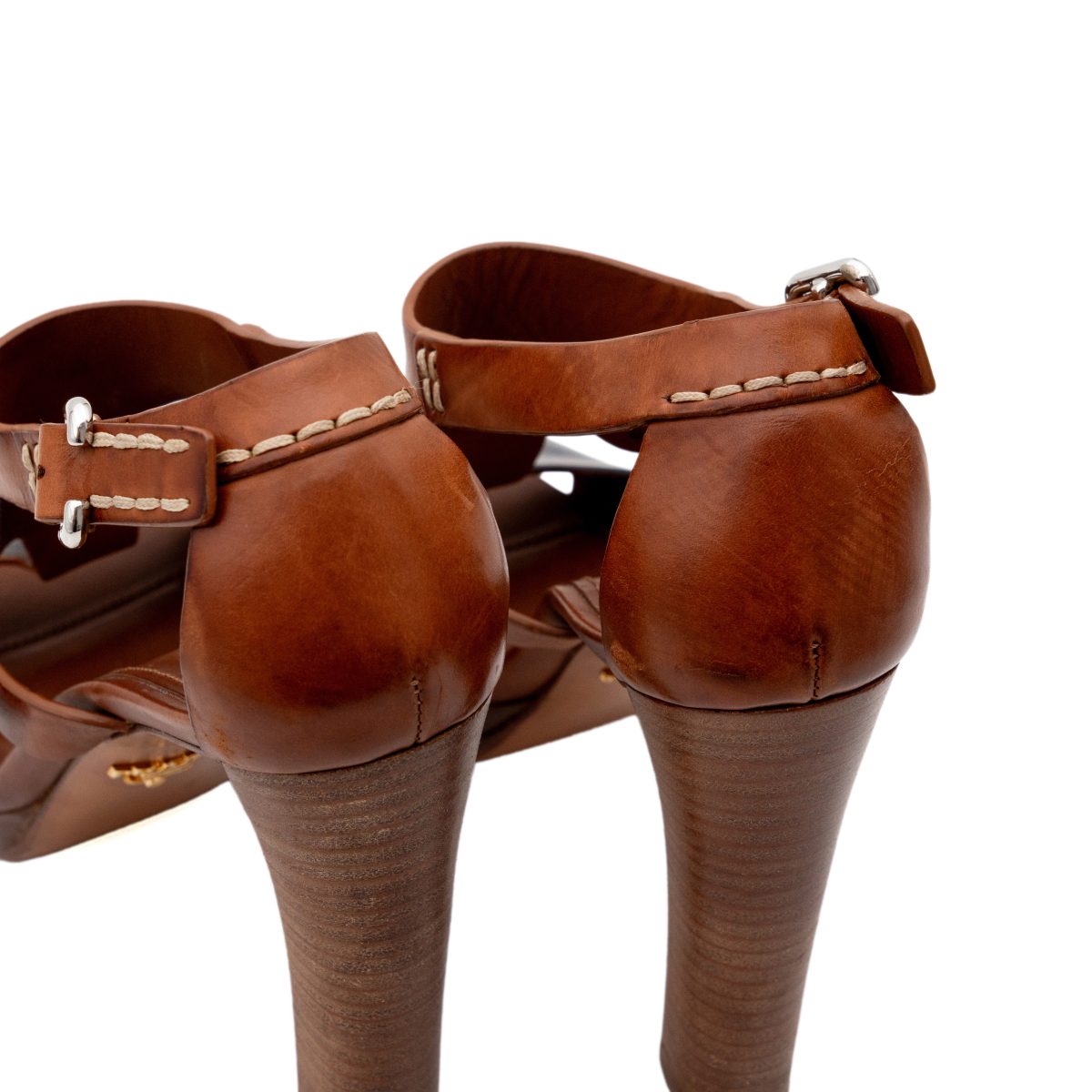 Prada Milano Brown Leather Gold Logo Platform Heels Sandals — photo 8