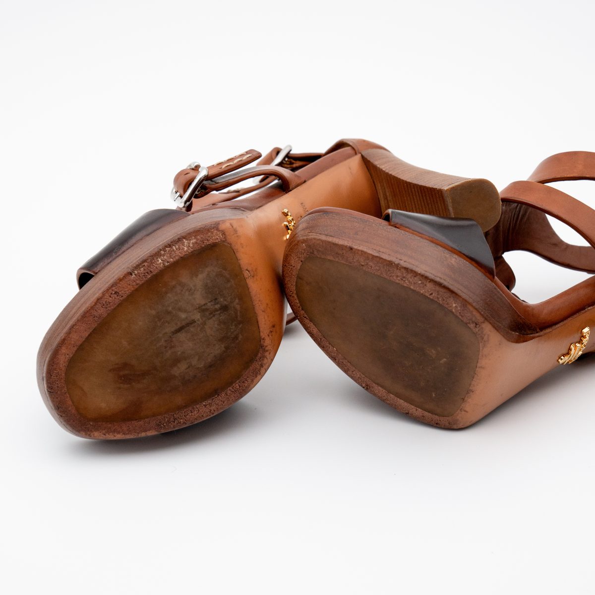 Prada Milano Brown Leather Gold Logo Platform Heels Sandals — photo 11