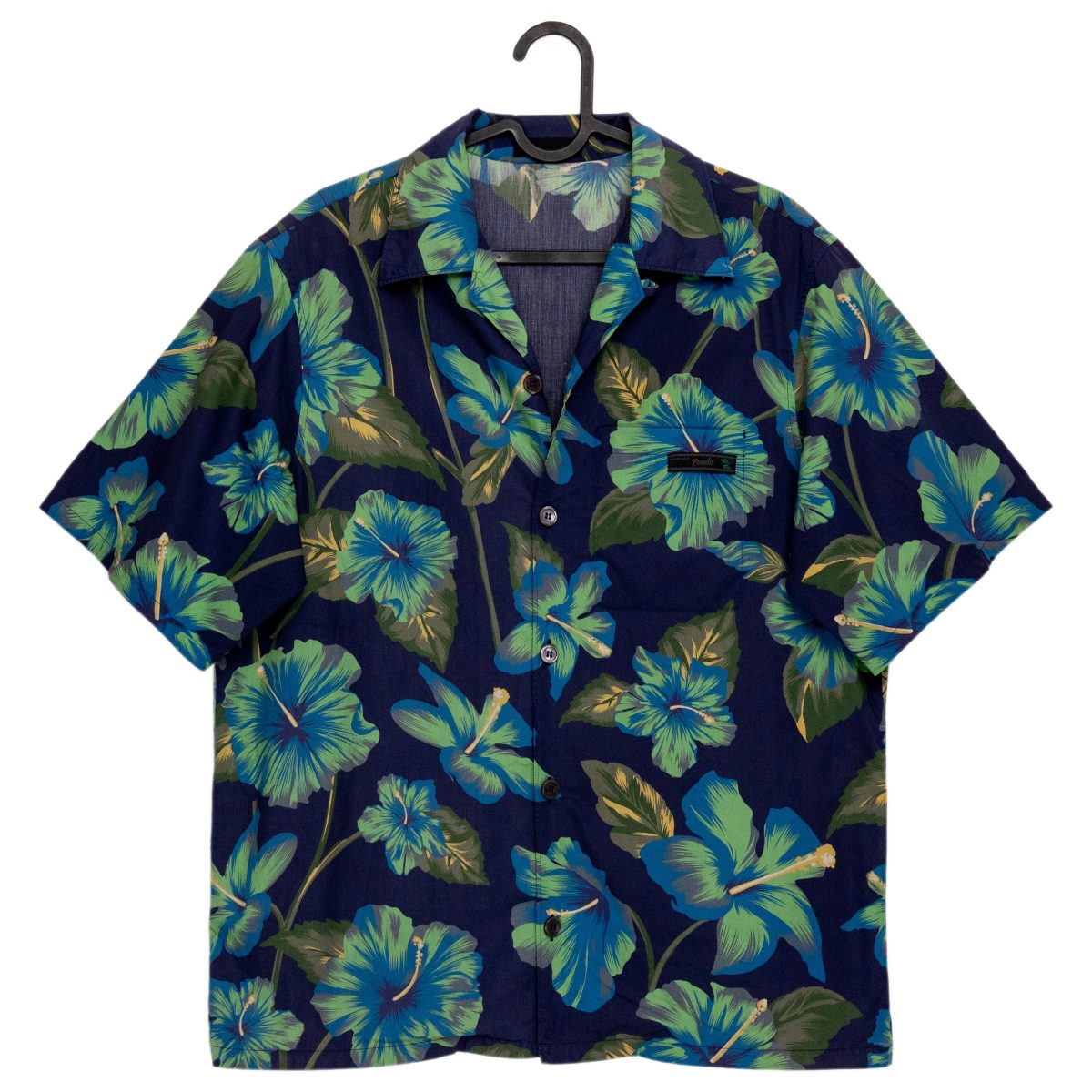 Prada Navy Hawaiian Hibiscus Print Logo Camp Collar Shirt