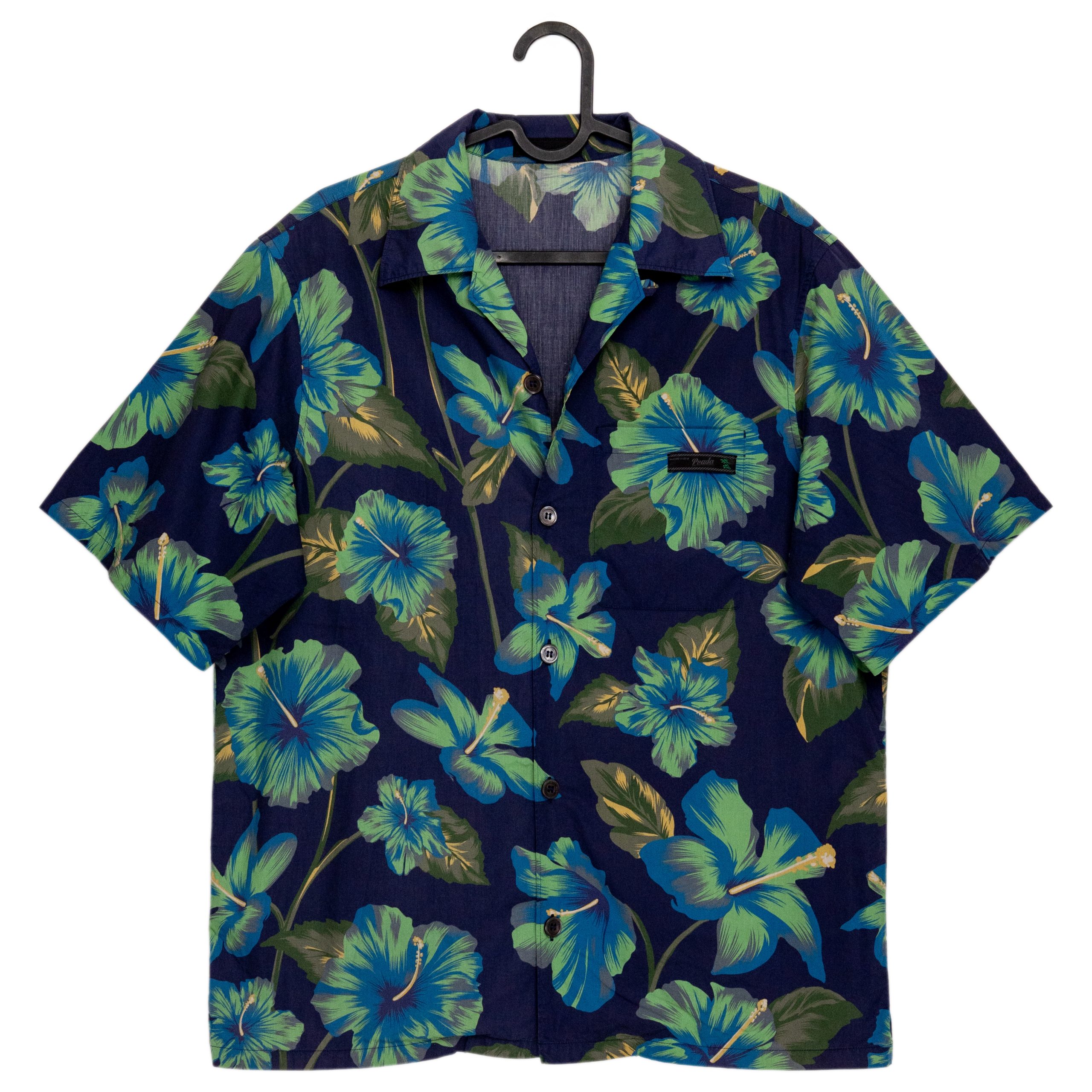 Prada Milano Navy Hibiscus Floral Hawaiian Camp Collar Shirt