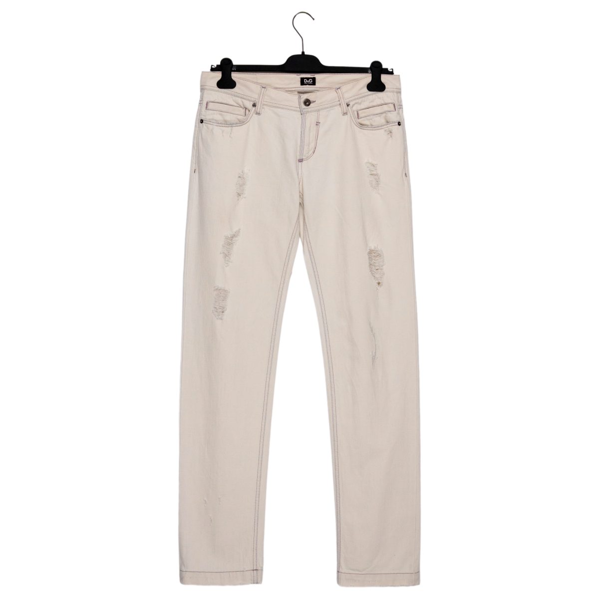 Dolce Gabbana Ecru Distressed Contrast Stitch Denim Jeans