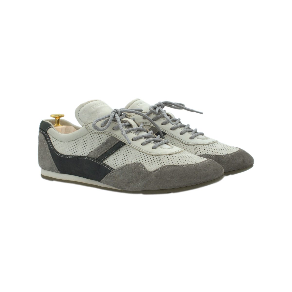 Prada Mens White Perforated Leather Triangle Logo Sneakers