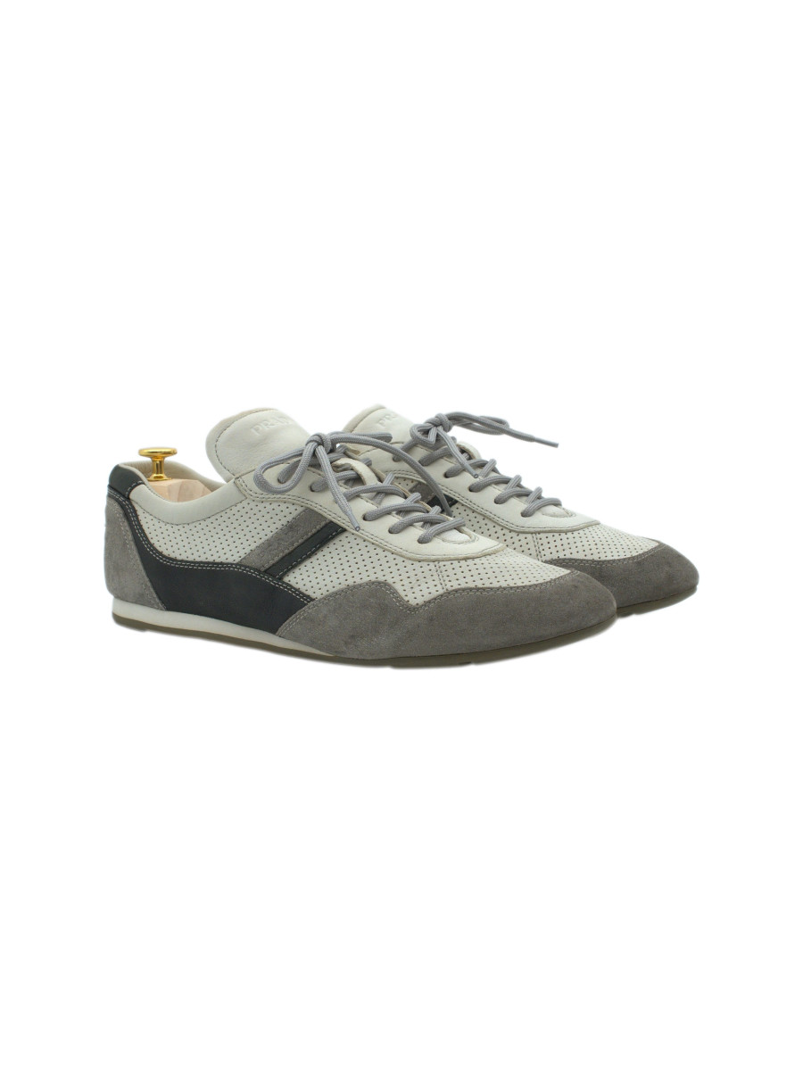 Prada Mens White Perforated Leather Triangle Logo Sneakers
