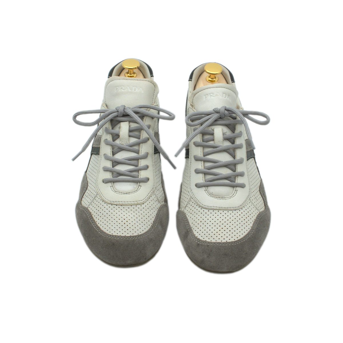 Prada Mens White Perforated Leather Triangle Logo Sneakers — photo 2