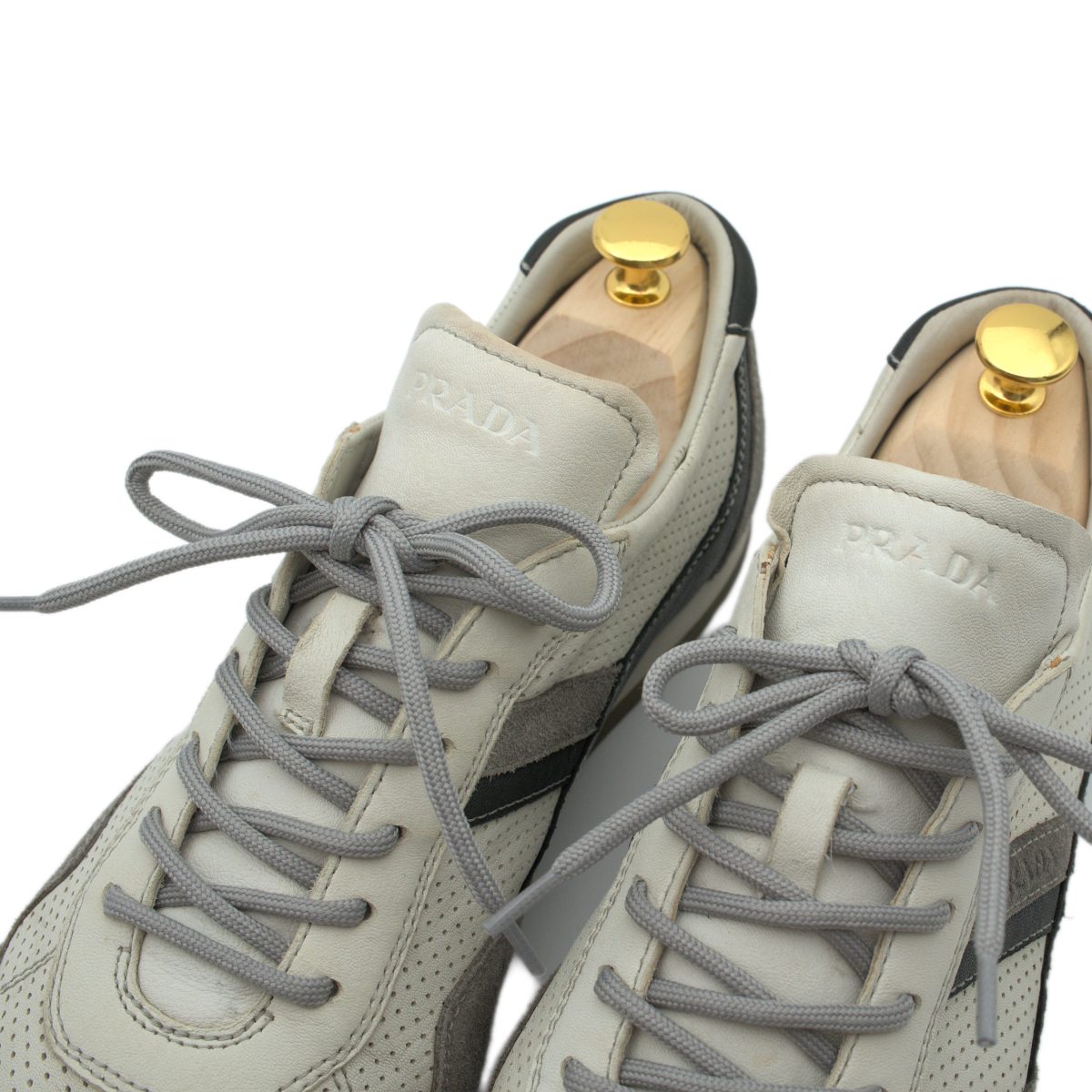 Prada Mens White Perforated Leather Triangle Logo Sneakers — photo 7