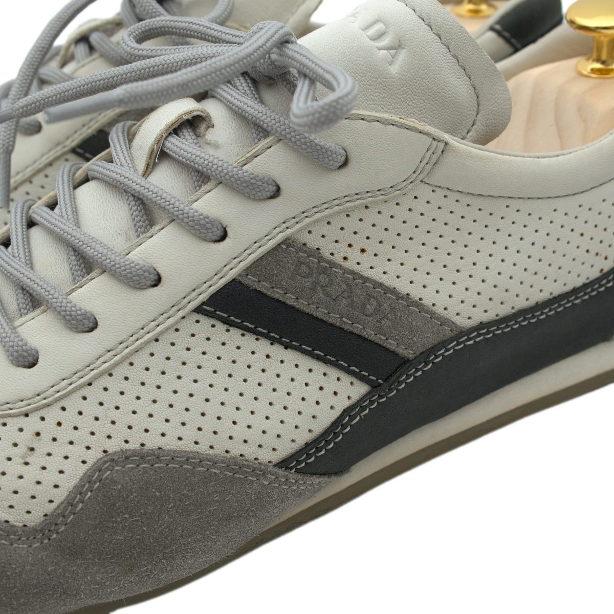 Prada Mens White Perforated Leather Triangle Logo Sneakers — photo 9