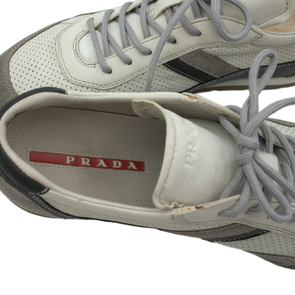 Prada Mens White Perforated Leather Triangle Logo Sneakers — photo 10