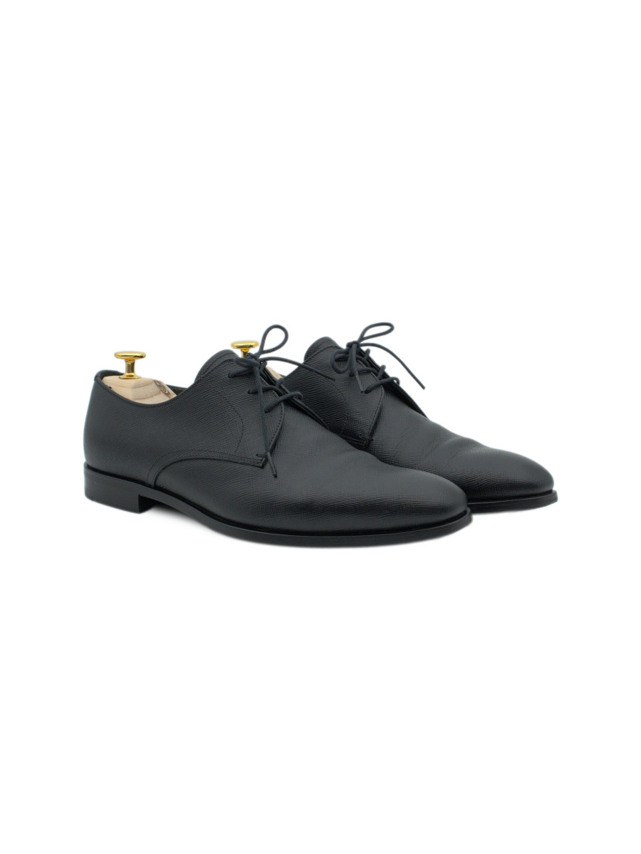 Prada Milano Black Saffiano Leather Mens Derby Dress Shoes