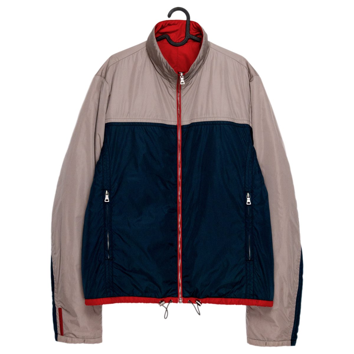 Prada Navy Taupe Red Reversible Nylon Padded Mens Jacket
