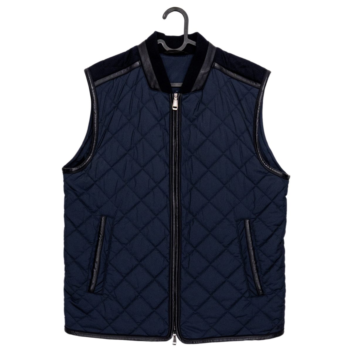 Brioni Navy Quilted Leather Trim Wool Back Gilet Vest Size M