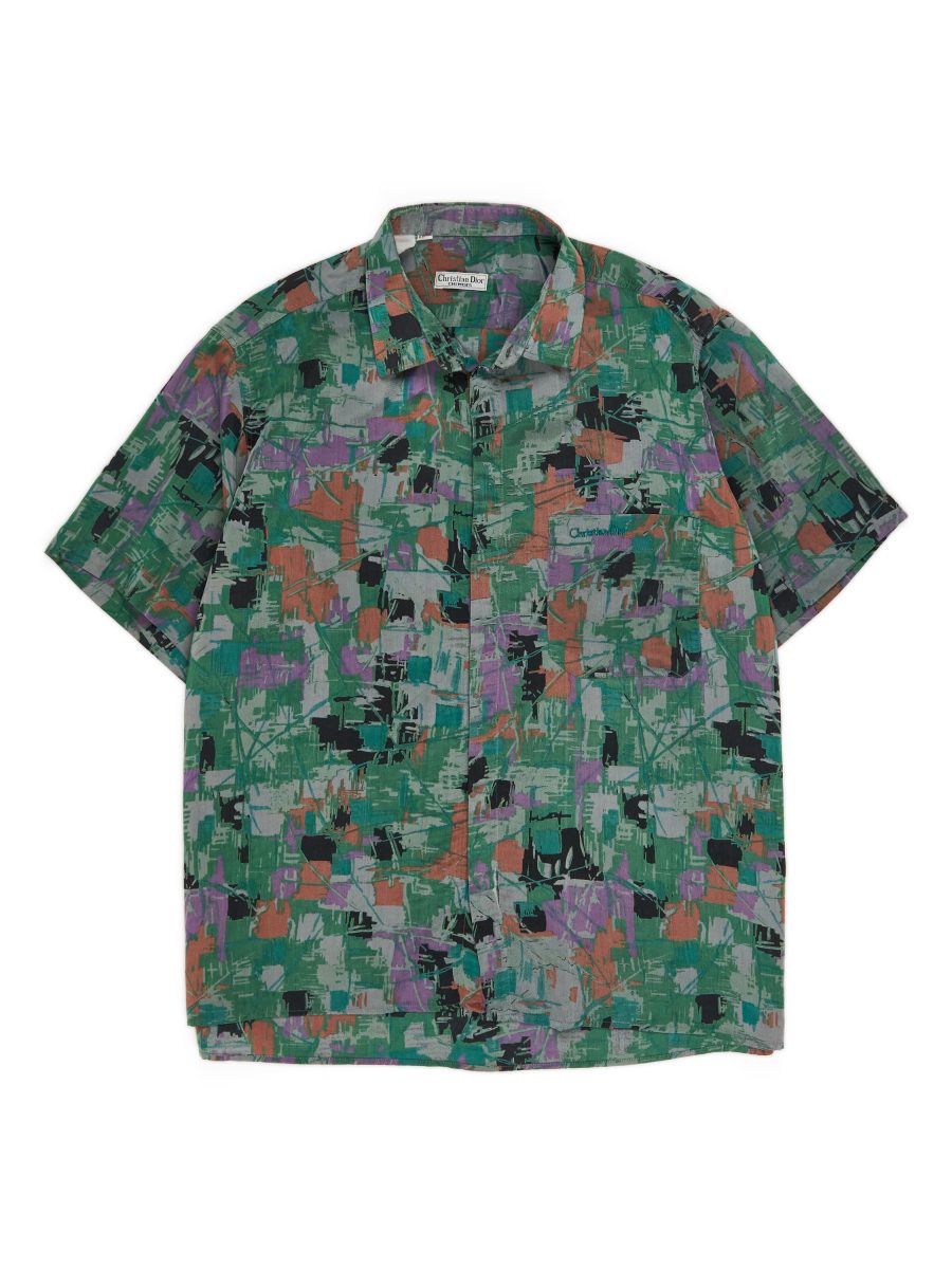 Vintage Dior Green Abstract Print Silk Mens Shirt Size XXL