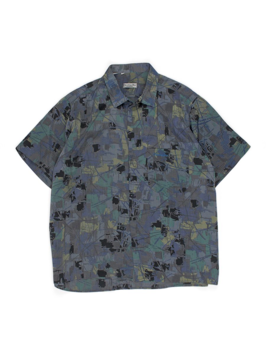 Vintage Dior Chemises Grey Olive Silk Mens Shirt Size XXL