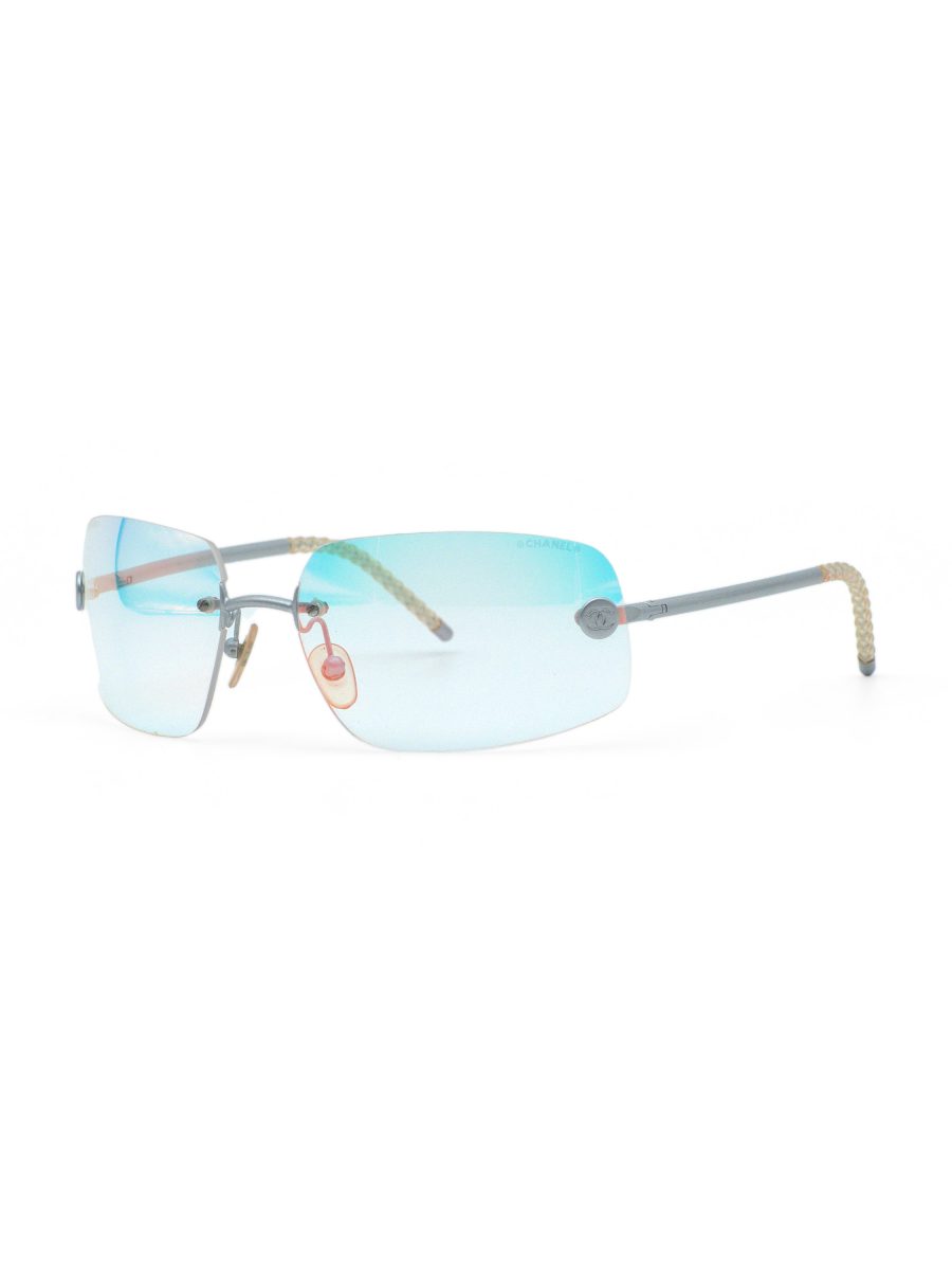 Vintage Chanel 4035 Aqua Blue Silver Rimless CC Sunglasses