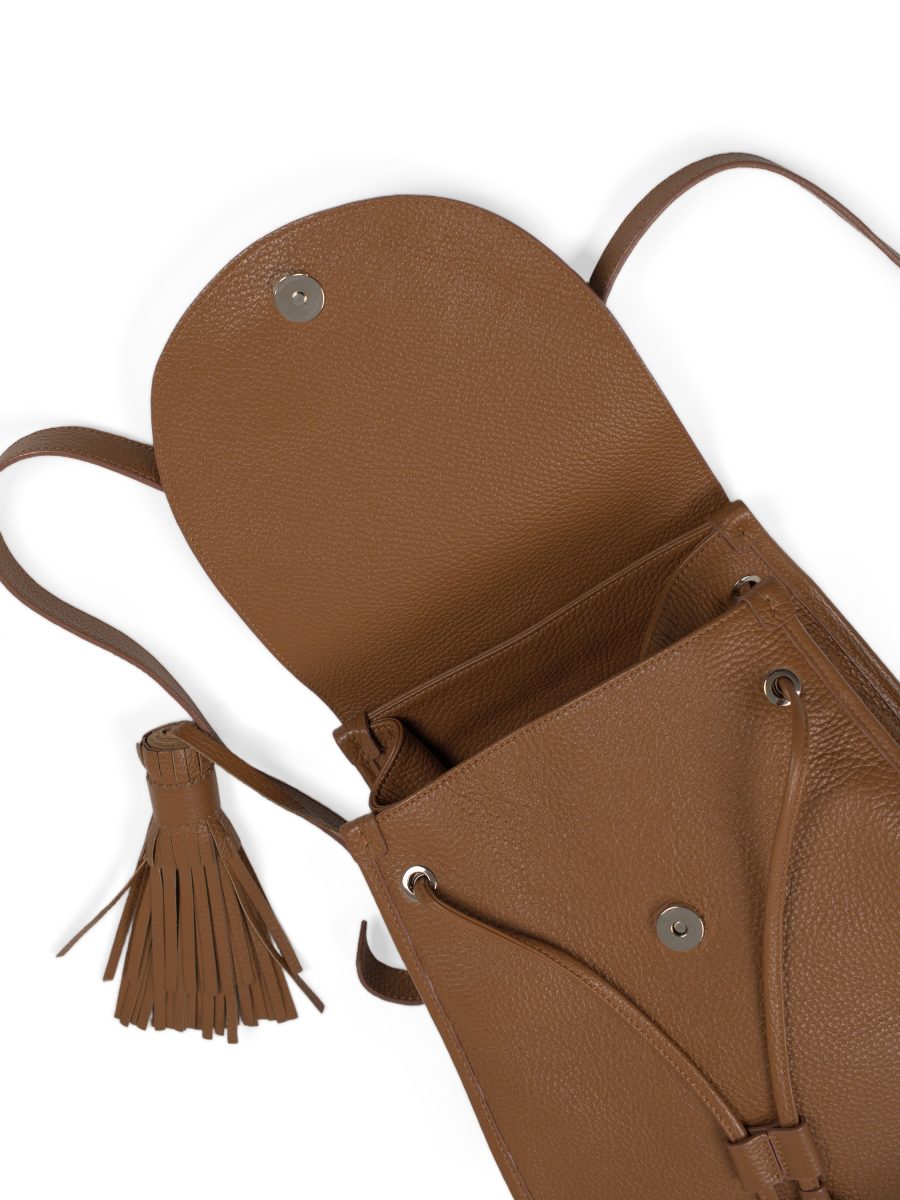 Santoni Tan Leather Drawstring Tassel Womens Backpack Bag — photo 5