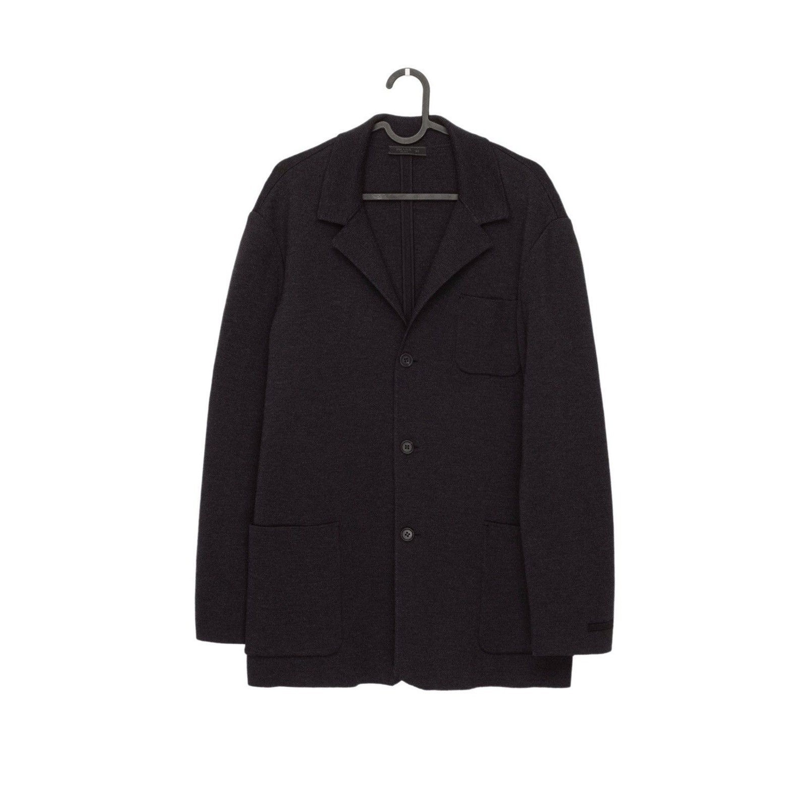 Prada AW2016 Black Tab Logo Virgin Wool Knit Blazer Jacket