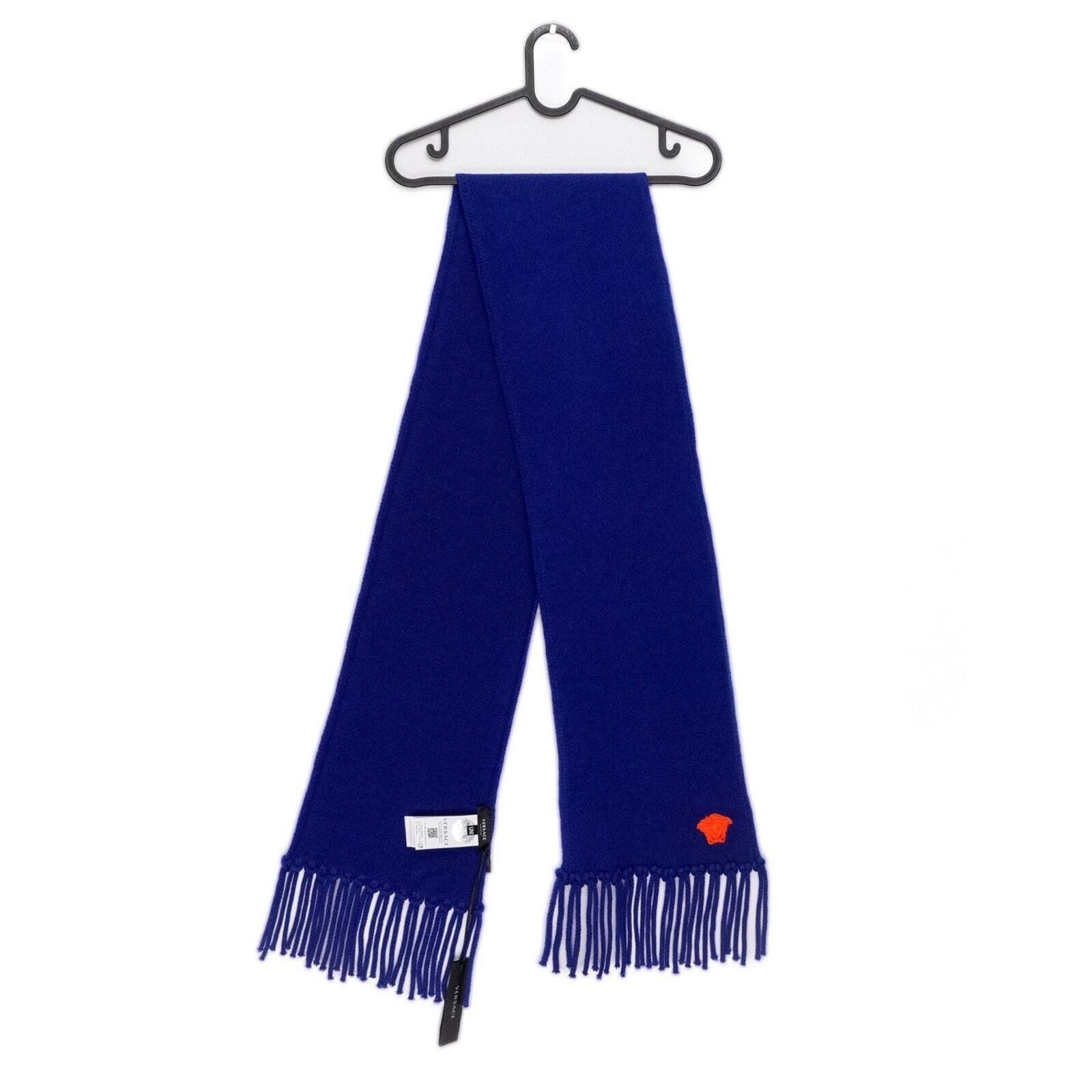 Versace Medusa Logo Cashmere Wool Blue Long Scarf