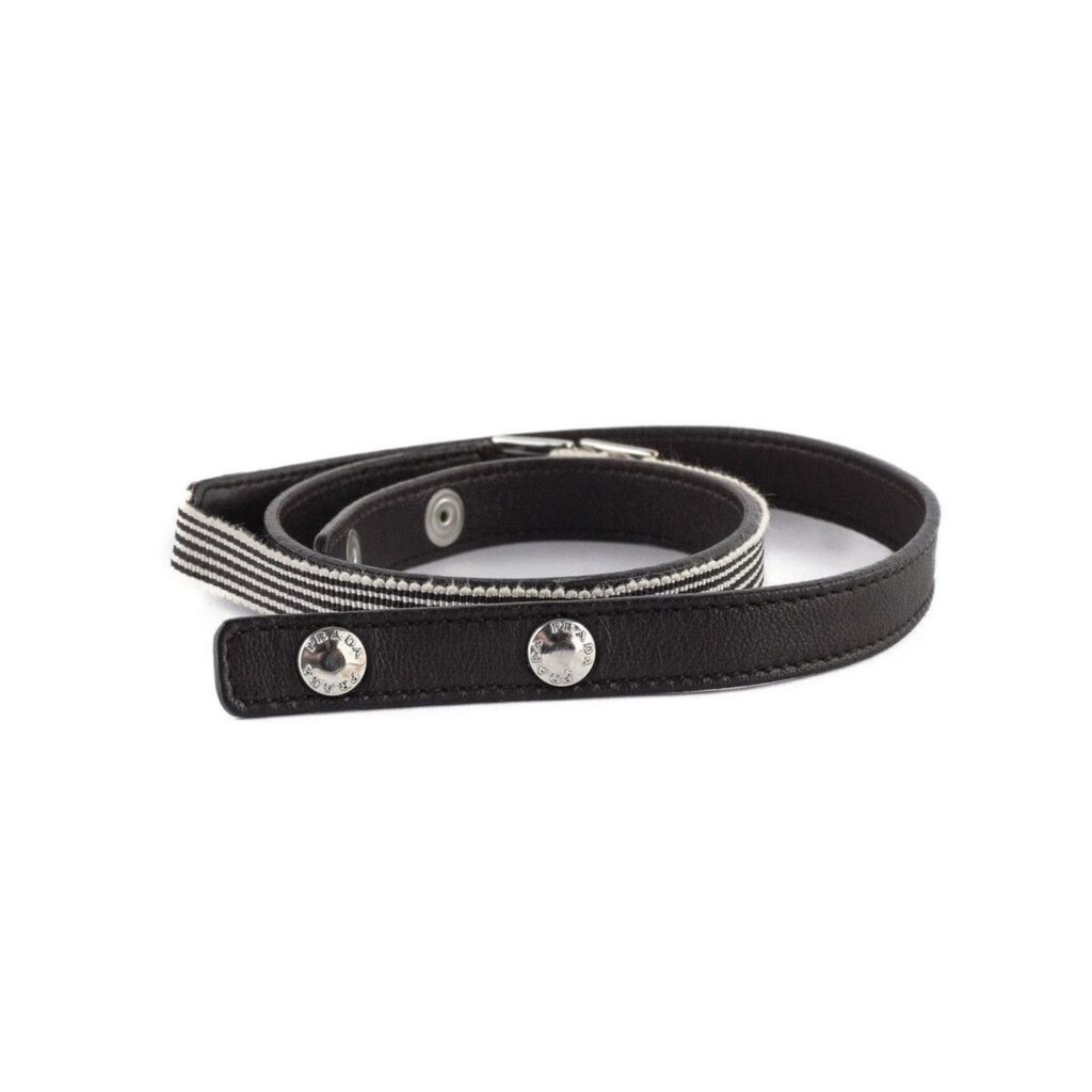 Vintage Prada Silver Logo Striped Ladies Black Leather Belt